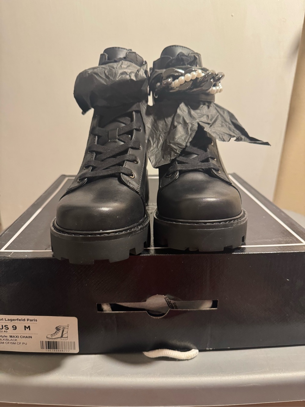 Karl Lagerfeld Black Lace-Up Combat Boots with Chain & Pearl Detail